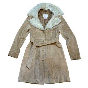 Y2K Xhilaration Penny Lane Faux Fur Collar Belted Tan Suede Coat M
